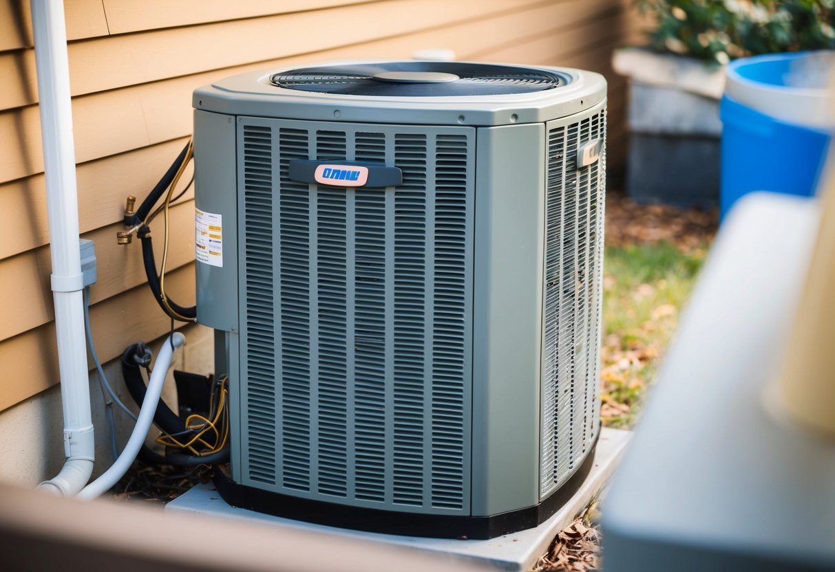New air conditioning condenser installed next to a house